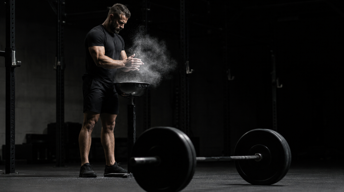 Lifter clapping chalk over a chalk bowl before a lift