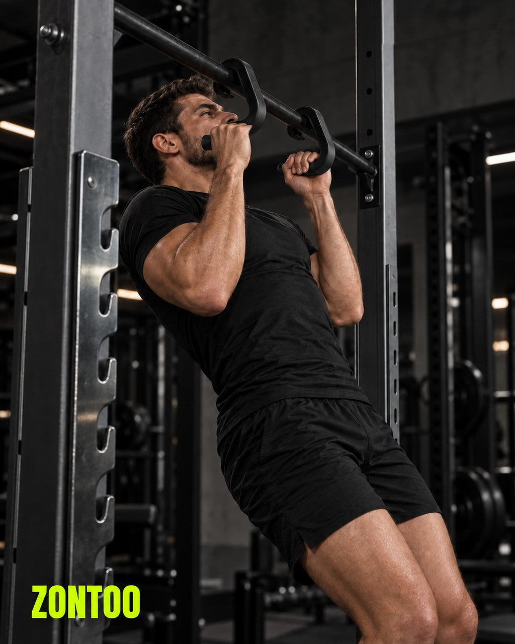 Zontoo Hook Grip Handles in use — hung on a bar, palms-facing pull-up