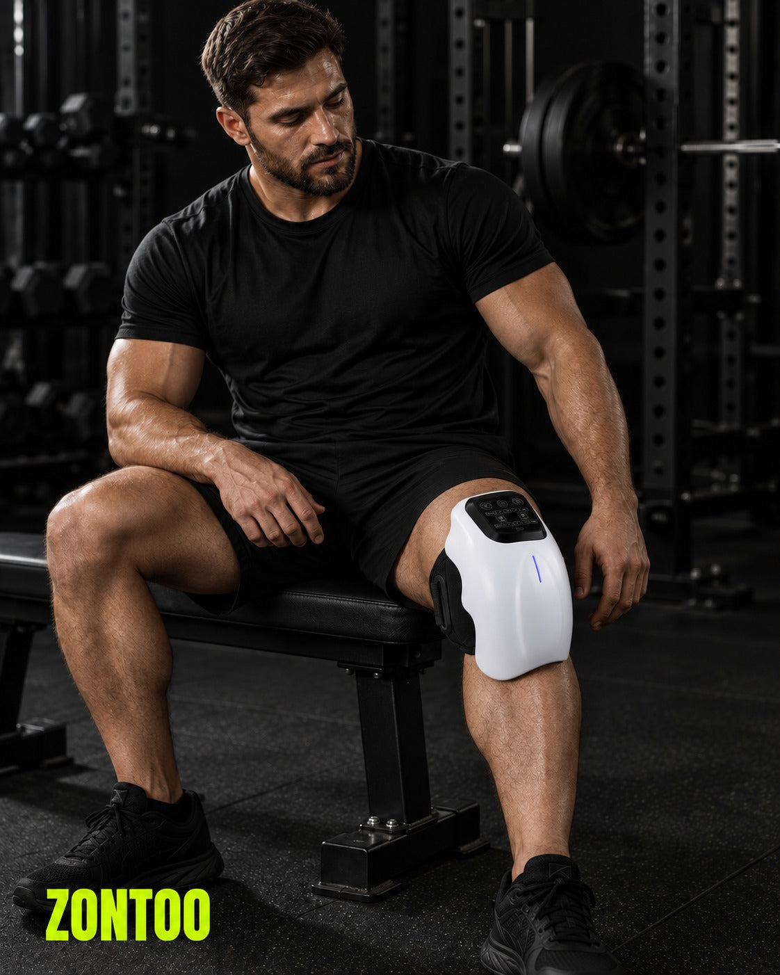 Zontoo Heated Knee Massager in use — strapped over the knee