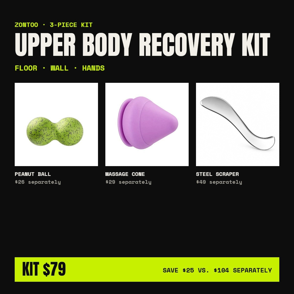 Zontoo Upper Body Recovery Kit — peanut ball, massage cone, steel scraper
