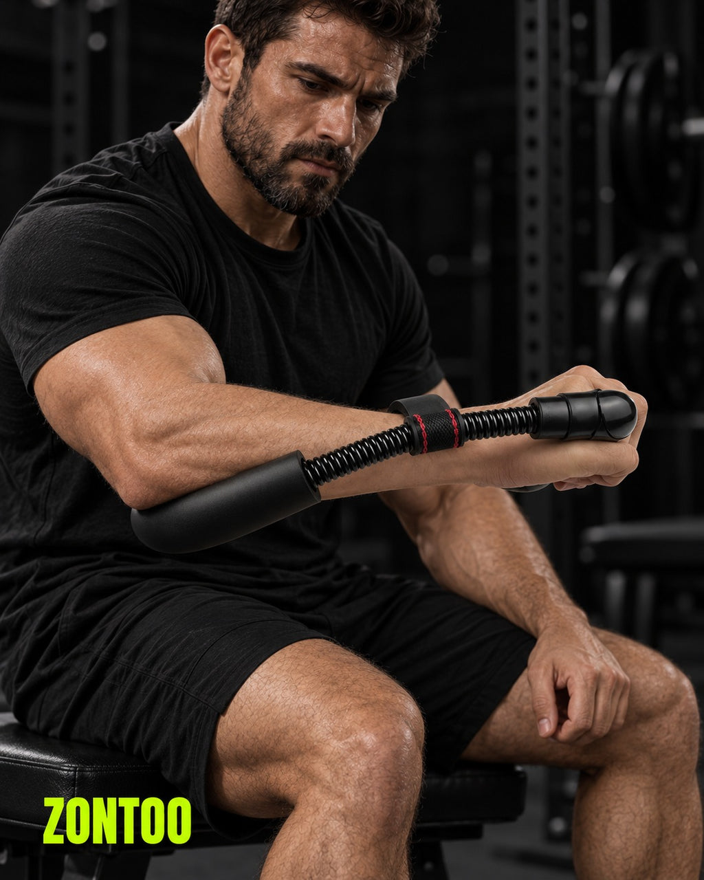 Zontoo Spring Wrist Trainer in use — forearm through the frame, bending the wrist against the springs