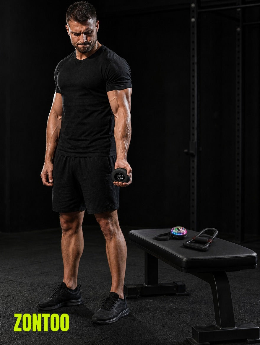Zontoo Grip Progress Kit in use — grip strength tester, gyro ball and wrist roller