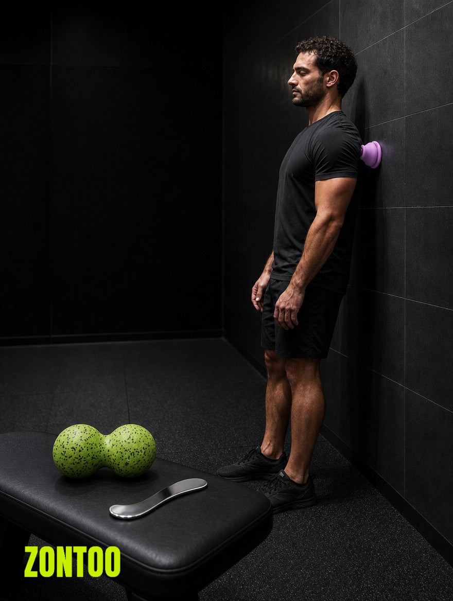 Zontoo Upper Body Recovery Kit in use — massage cone, peanut ball and steel scraper