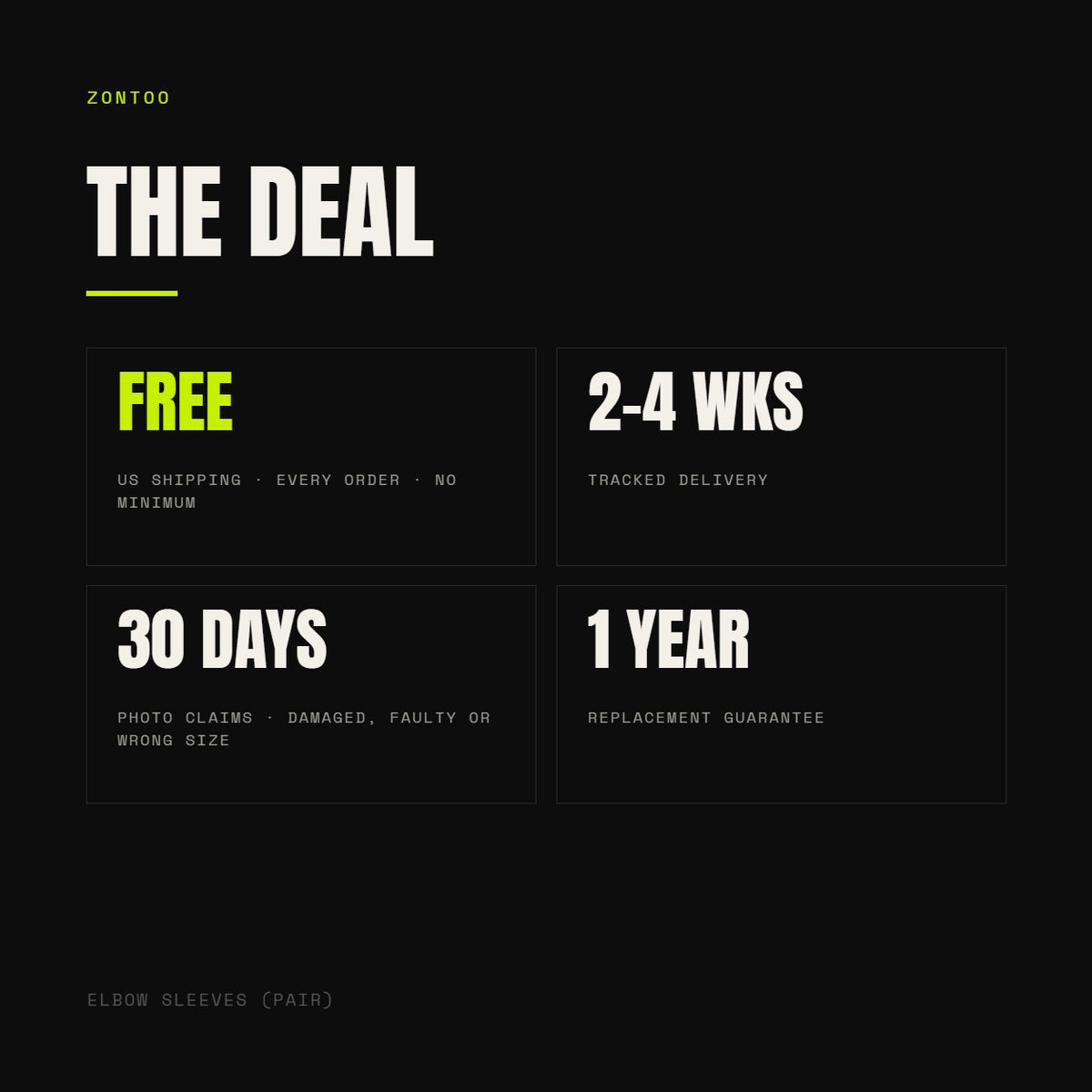 Zontoo — free US shipping, 30-day photo claims, 1-year replacement