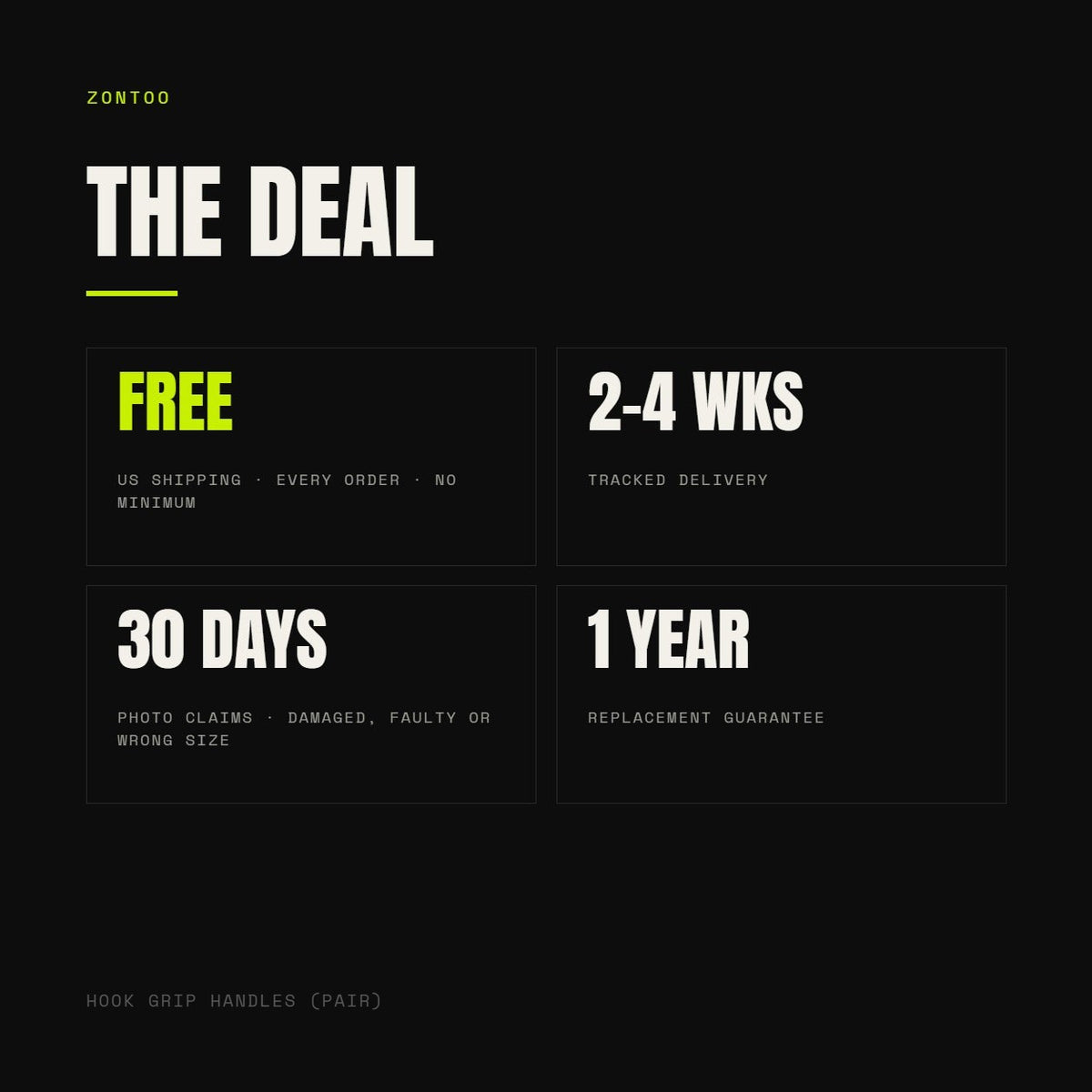 Zontoo — free US shipping, 30-day photo claims, 1-year replacement