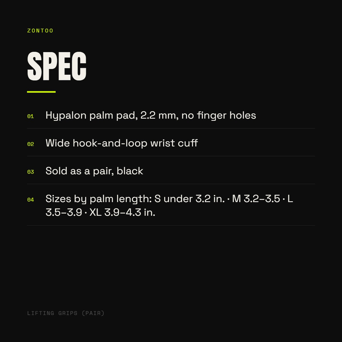 Zontoo Lifting Grips (pair) — spec